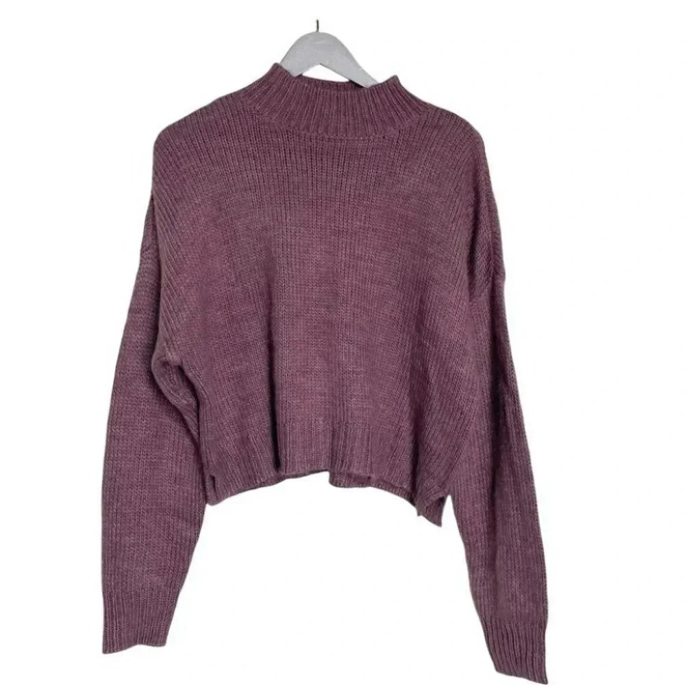 Aeropostale Sweater L Mauve Mock Neck Drop Shoulder Chunky Ribbed Knit Cropped
